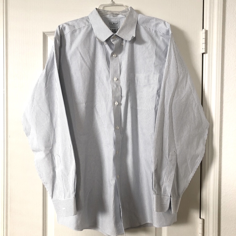 L.L Bean Mens Blue and White Dress Shirt Traditional Fit Size 17.5 - 35